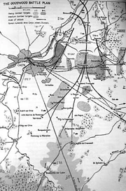 Postwar map shows the planned attack for Operations Atlantic and Goodwood. It also shows where Second Army had confirmed the locations of several German divisions as well as where they believed others where located.