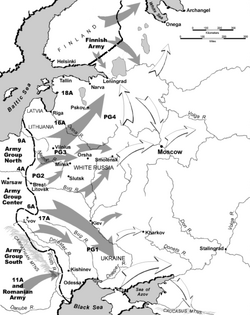 Map depicting actual (grey) and planned (white) Axis and Finnish advances during Operation Barbarossa and the contemporaneous Continuation War