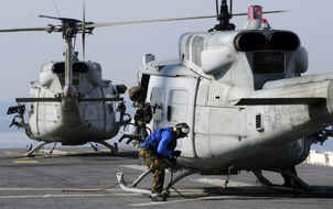 UH-1N tied down on USS Bataan