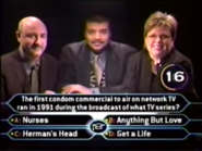 First use of Three Wise Men lifeline in Todd Kim's run (Wise men from right to left: Nancy Christy, Dr. Neil deGrasse Tyson, Anthony DeCurtis)