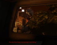 A sneak peek showing Enzukai searching for Isamu in the ruins of the Kawasaki Ward whilst Isamu hides in a car; Enzukai says, "How long are you going to keep hiding?"