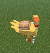 Un chocobo con el paquete de bolsas puesto