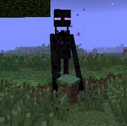 Hyökkäävä enderman, jolla on ruohokuutio käsissään.