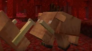Multiple hoglin's that have the previous texture, in a Crimson Forest biome up close.