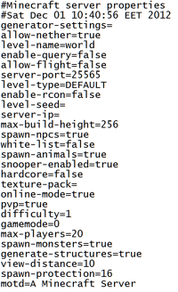 Server.properties-tiedoston sisältö.
