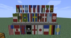 Exemplo de estandartes desenhados para se parecer com as bandeiras de vários países (Bem como um Jolly Roger e uma capa da Mojang).