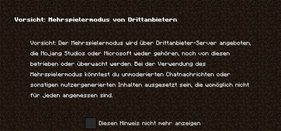 Mehrspielermenü Warnhinweis