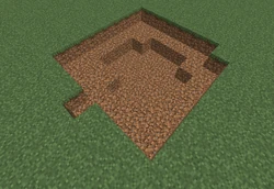 Breiterer, flacherer Krater eines Creepers, der fast 1 Block über dem Erdboden explodiert ist