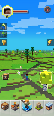 Eine Kartenansicht in , die eine 3D-Ansicht der realen Karte des Spiels mit überlagerten Spielfunktionen zeigt. In der Ferne erscheinen zwei  mit  außerhalb der Reichweite, und  im Tapping-Bereich des Spielers werden im Vordergrund angezeigt.