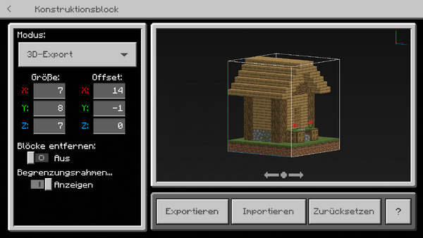 Konstruktionsblock 3D-Export-Modus (Bedrock)