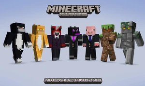 Minecraft-Figuren: Katze, Ozelot, Mooshroom im Anzug, Enderdrache im Anzug, Schwein im Anzug, Grasblock, Steinblock