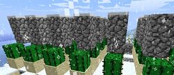 Remove the sand block that is supporting the two non-falling blocks. Plant cacti on the sand adjacent to the column of blocks. When the cactus grows to a third column, it will snap off, bounce off of the blocks, and fall into the trench, which you can fill with water.