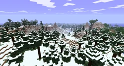 Un bosque de abetos en un bioma de taiga con nieve.