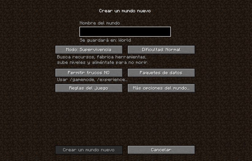 Menú de creación del mundo