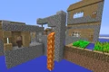 Una aldea generada en un mundo extraplano con construcciones apiladas sobre otras.