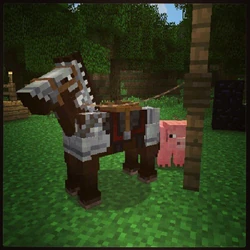 Seconde capture d'écran de Jeb montrant un cheval attaché à un poteau et portant une armure[5].