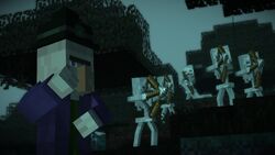 A witch alongside skeletons in the swamp.