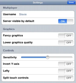 The options screen in the iOS version before v0.7.0 Alpha.