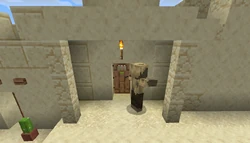 A husk peering into a village building.