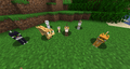 One ocelot and several cats with a kitten. Other ocelots dot the background in the jungle biome.