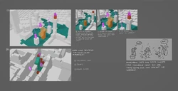 More ancient city gameplay of player breaking pots concept art.