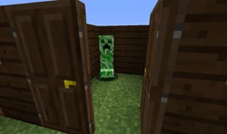 A creeper behind some dark oak doors.