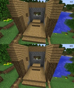 Oak leaves, oak wood, oak planks, cobblestone, grass, dandelions