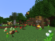 Bees in flower forest with nest and campfire