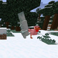 A snowy fox attacking a chicken.