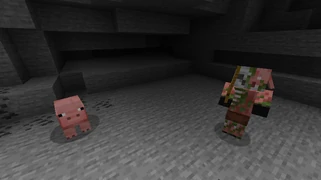 A zombie pigman in the Overworld in the thunderstorm that spawned him, near one of his porcine siblings.