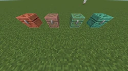 From left to right: Small Unoxidized Copper Chest, Small Exposed Copper Chest, Small Weathered Copper Chest, Small Oxidized Copper Chest