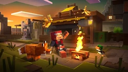 Valorie is seen sitting around a campfire alongside the fox, a duck, and two golden parrots. Strangely there are no merchants in the background.[2]