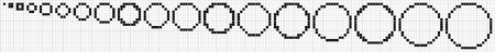 Pixel circles of diameters 1−18.