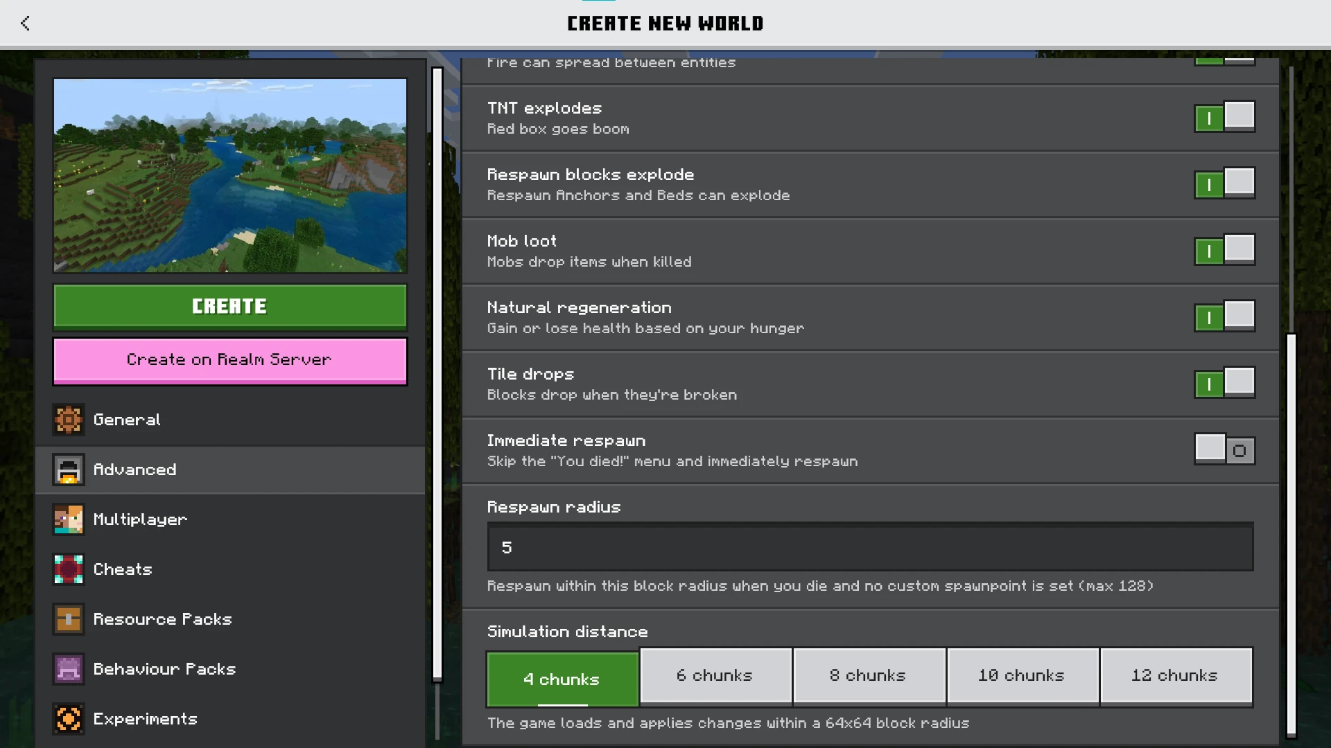 Bedrock Edition's new Respawn Radius interface.