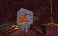 A ghast up close, shooting a fireball (with the old snowball texture) at the player.