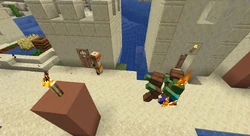 A siege in a desert (where it never rains) during rain in another biome. One zombie burns in sunlight while two others are protected by their helmets.