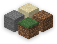 The most commonly seen blocks in Minecraft, clockwise from the left: stone, sand, dirt and grass.