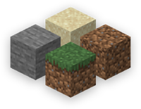 The most commonly seen blocks in Minecraft, clockwise from the left: stone, sand, dirt, and grass.