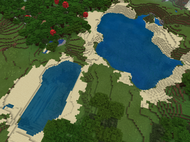 Two large lakes in a plains biome, near a forest biome and a dark forest biome.