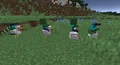 The four variations of chicken jockeys using "Grumm" or "Dinnerbone" name tags.