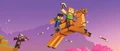 Promotional render showing a pillager shooting at Sunny and Alex on a camel.