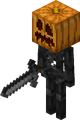 A wither skeleton with a carved pumpkin on its head.