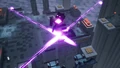 The heart of ender using its beam attack in a cross formation on a hero during its boss fight.