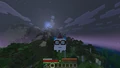 A player riding a happy ghast under a new moon. Vibrant Visuals is enabled in this shot.