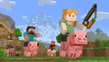 Official artwork of Alex, Steve, and Noor riding pigs.