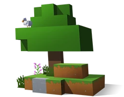 Artwork of an oak tree with a chicken perched on the leaves.