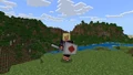 An image of Kai wielding a banner with a shield, used to announce the feature on Bedrock Edition.