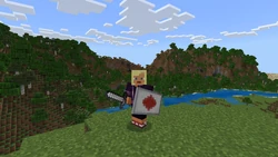 An image of Kai wielding a banner with a shield, used to announce the feature on Bedrock Edition.