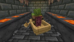 A creeper face can be seen on the design of this Zombie Villager's cloak.