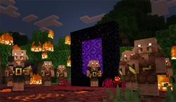 The Nether Portal in the Legends Event surrounded by Piglins with glowing eyes